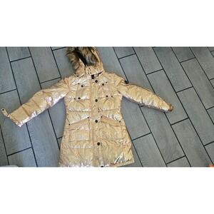 Celsius Premium Metallic Gold Puffer Parka Faux Fur Hood Quilted Jacket Medium